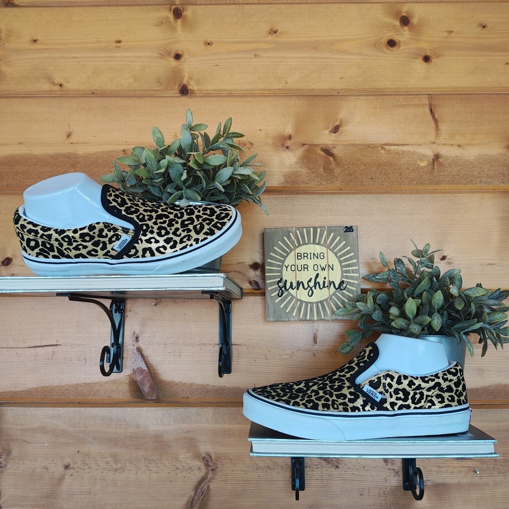 Vans Slip-On Metallic Gold Black Suede Leather Leopard Loafer Skate Shoe Women 7